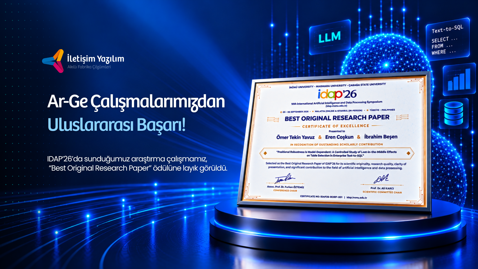 İletişim Yazılım’dan IDAP’26’da Yapay Zekâ Ar-Ge Başarısı